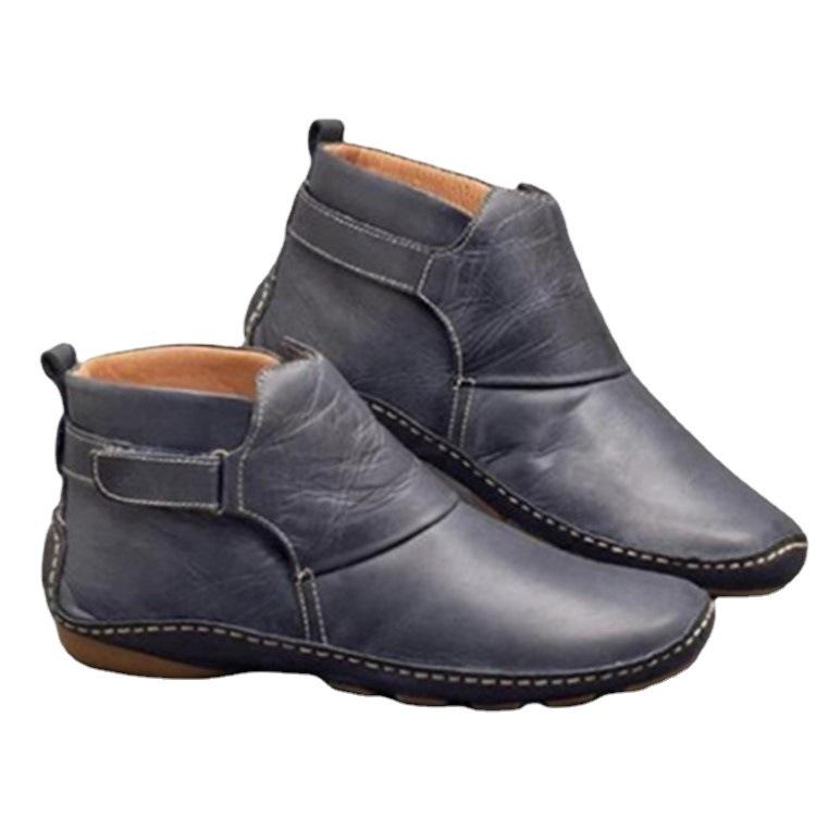 2025 autumn and winter new large size short women's boots sewing line belt buckle flat bare boots wish2025 Martin boots