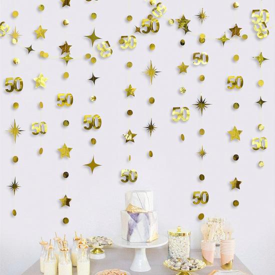 Gold 50th Birthday Decorations Number 50 Circle Dot Twinkle Star Garland Metallic Hanging Streamer Bunting Banner Backdrop for 50 Year Old Birthday
