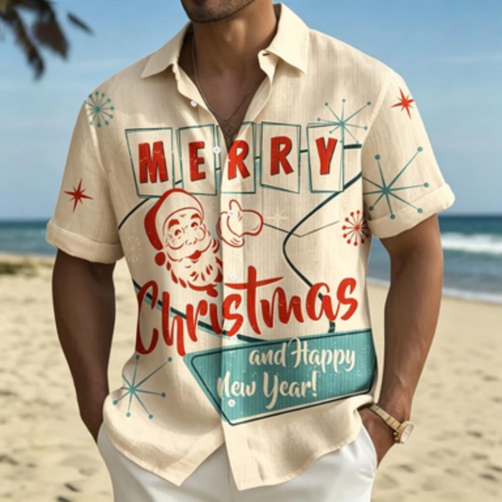Men's short sleeved shirt, Santa Claus printed short sleeved shirt, European and American holiday casual collar shirt