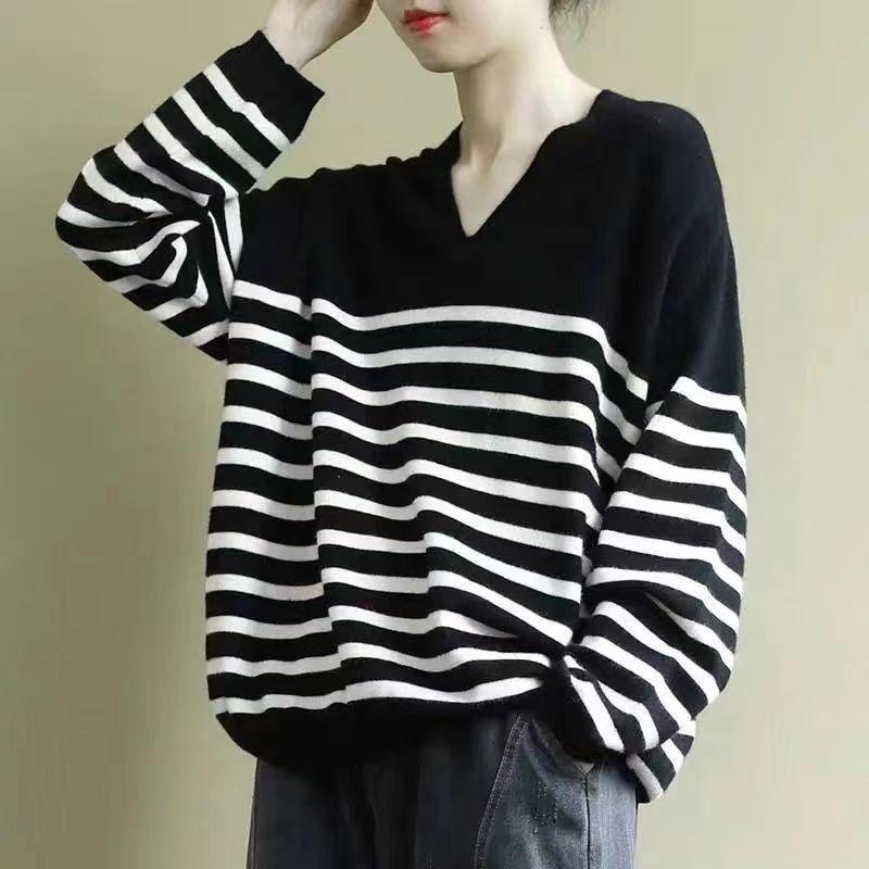Sweatshirt for Women Oversize Stretch Long Sleeve Bottom Shirt Loose V-Neck Casual Pullover Striped Top Sweatshirt