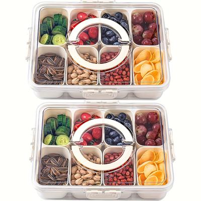 Reusable 8-Compartment Handheld Snack Tray | Four-Sided Clasp PP Transparent Material with Lid, Suitable for Fridge and Kitchen Organization