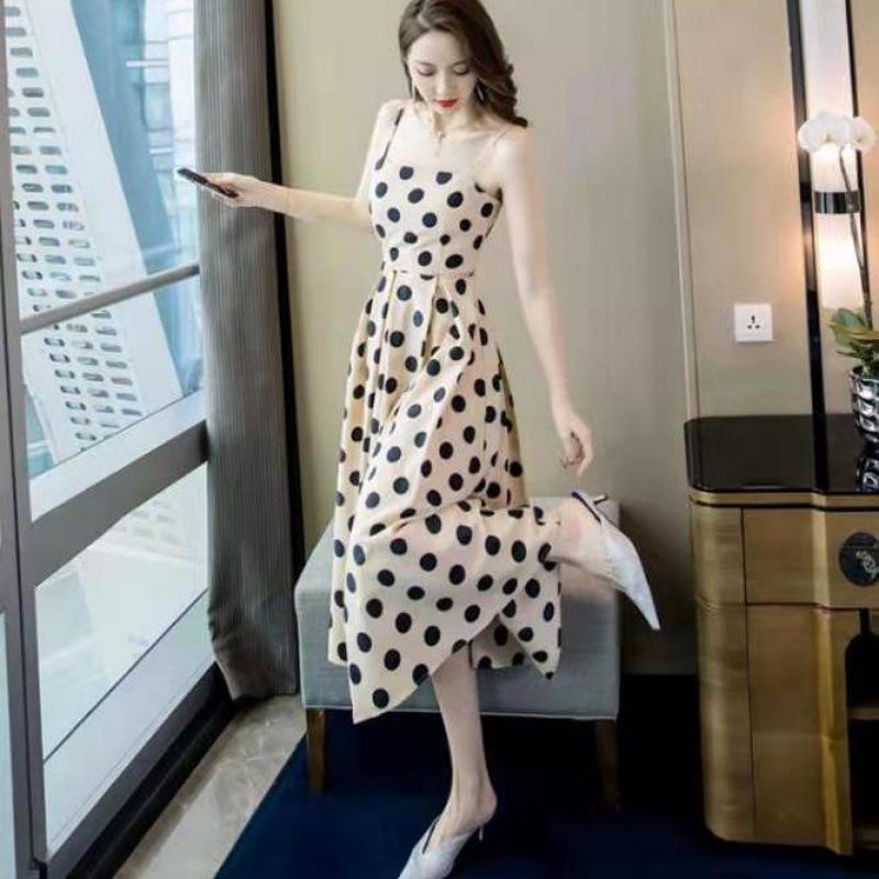 Women s French Polka Dot High Waist Strappy Dress - Retro Slimming Spring/Summer Style XL (around 60kg)