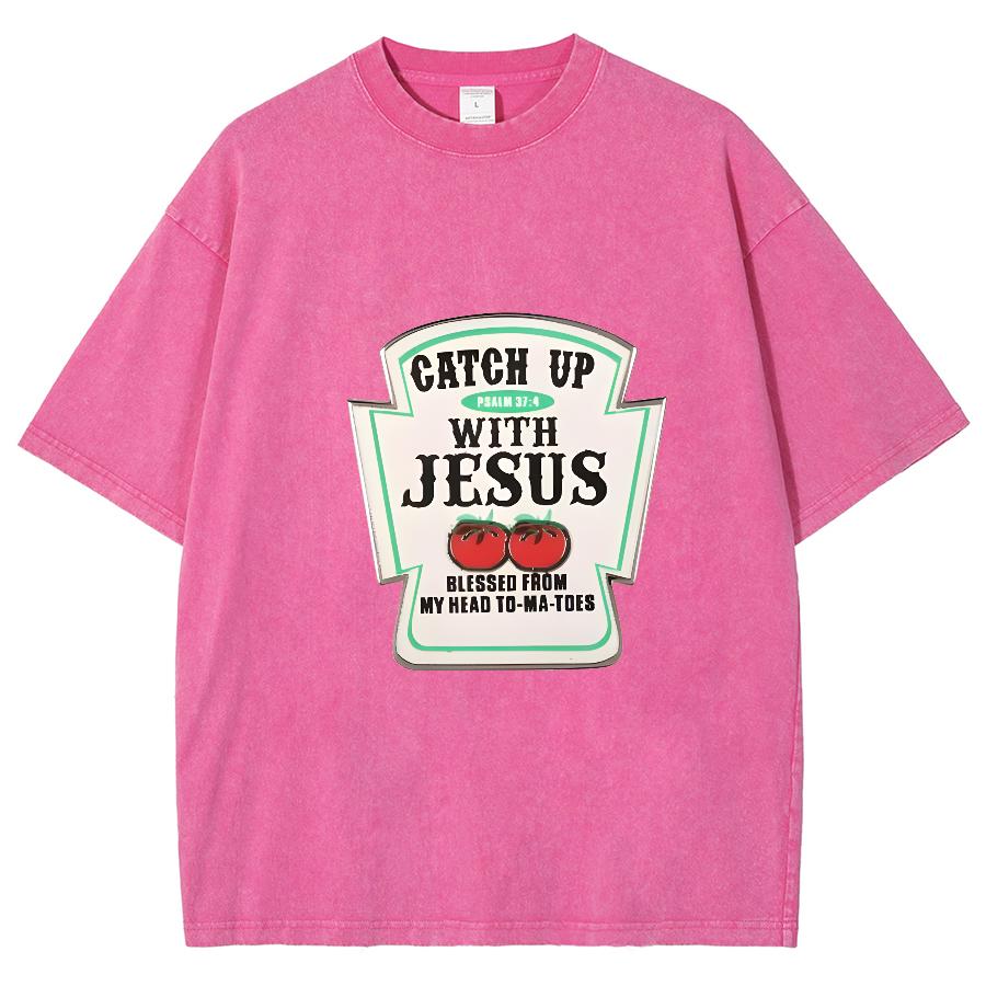 Jesus Letter Print Women's Wash T-Shirt Oversized Loose Unisex Half Sleeve American Retro Minimalist Top