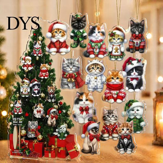 Festive Party Supplies Cute Cat Christmas Ornaments, 2D Wooden Cartoon Tree Xmas Gift for Friends Hanging Decorations Winter Holiday Home Decor