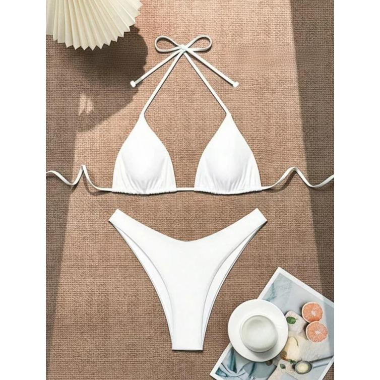 Damen String Bikini Sexy Einfarbig Weiß/Schwarz/Kaffee Neckholder Badeanzug zum Schnüren Brasilianischer Badeanzug 2025 Neu Doppellagiger Strandbekleidung