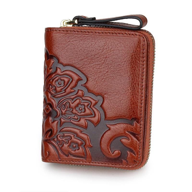 Full-leather China Style Short Wallet Women's Card Bag Multifunctional Organ Page ID Cowhide Folded Change Folder