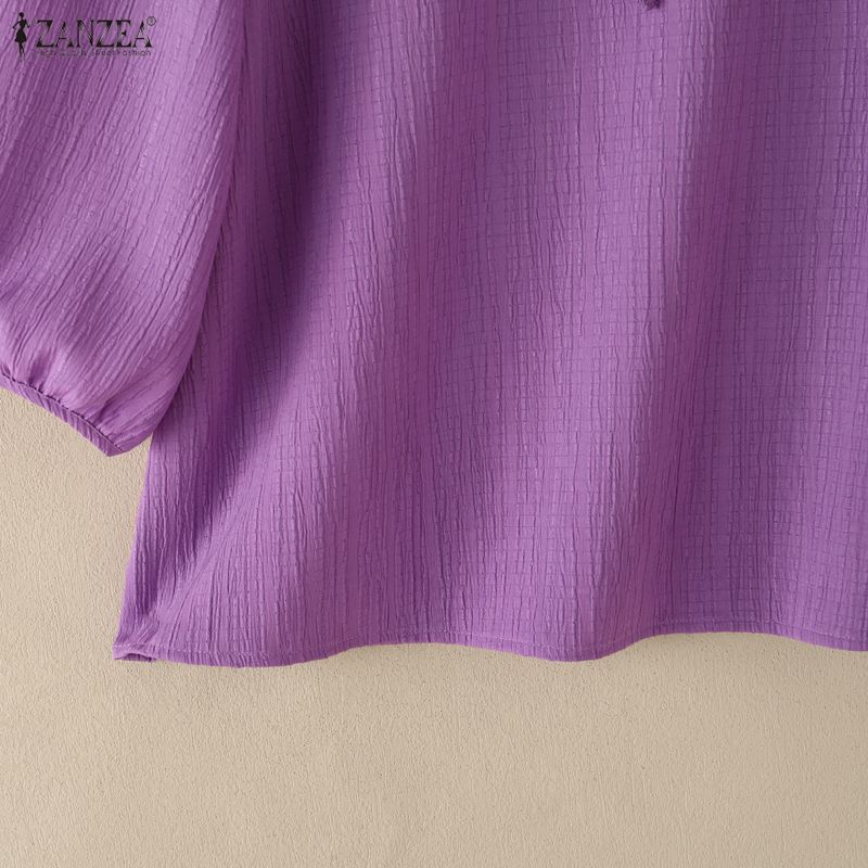 ZANZEA Blusa informal holgada de color liso con cuello redondo y mangas 3/4 para mujer