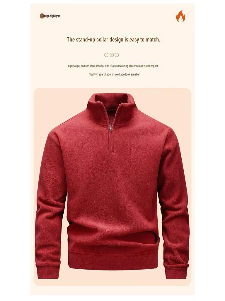 Men's Double-Sided Fleece Hoodie, Autumn Winter Warm Long Sleeve T-Shirt, Half Zip, Stand Collar, Loose Fit.