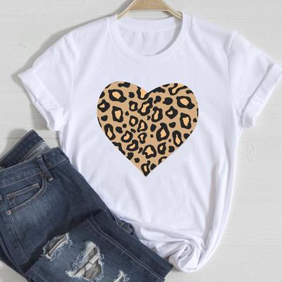 T-Shirts Damen Leopard Love Herz Valentinstag Kleidung 2025 Frühling Sommer Kleidung Stilvolles T-Shirt Top Dame Print Mädchen T-Shirt