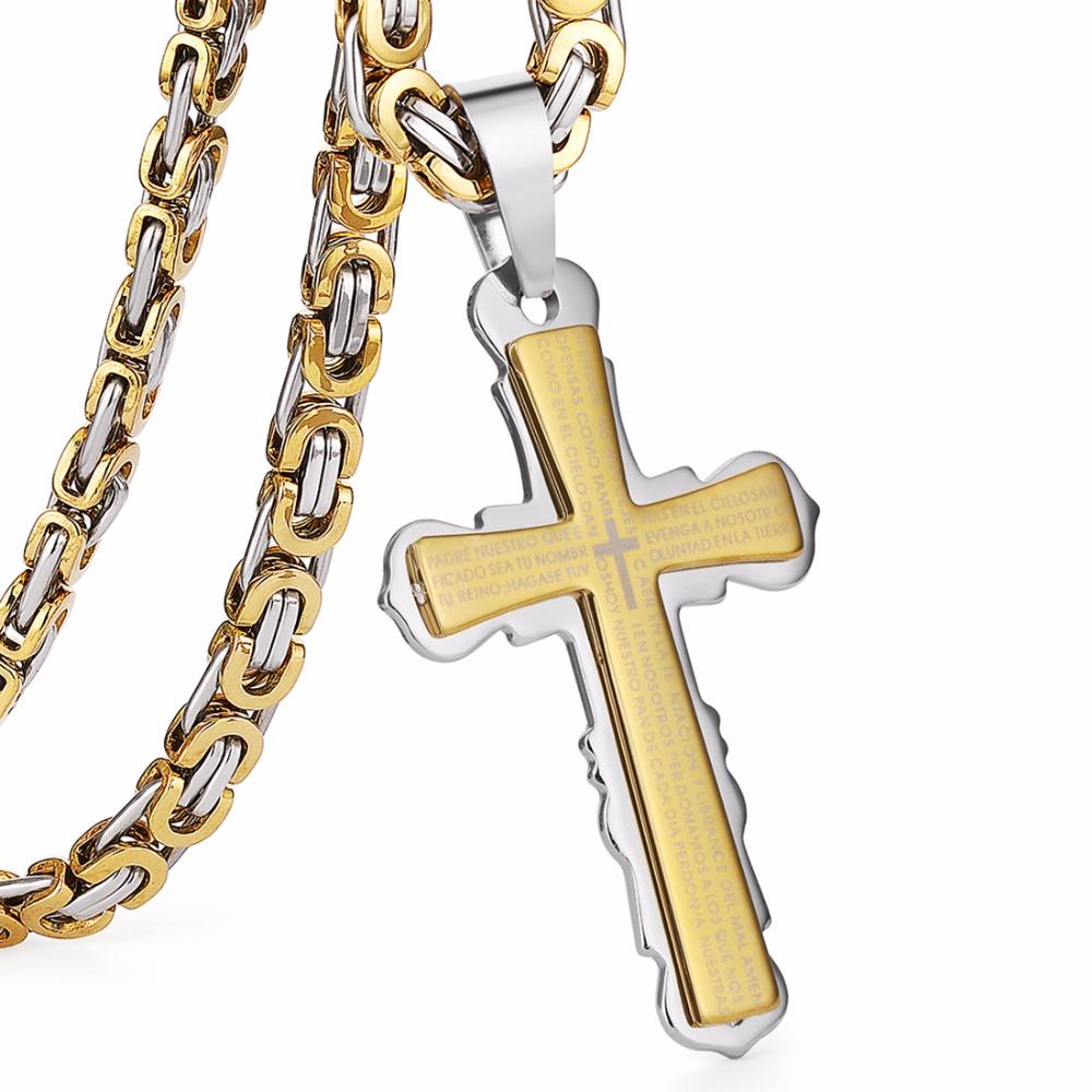 New Simple Cross Pendant Necklaces with Mystery Words Gold Color Stainless Steel Byzantine Chain Men Jewelry 6mm MN77