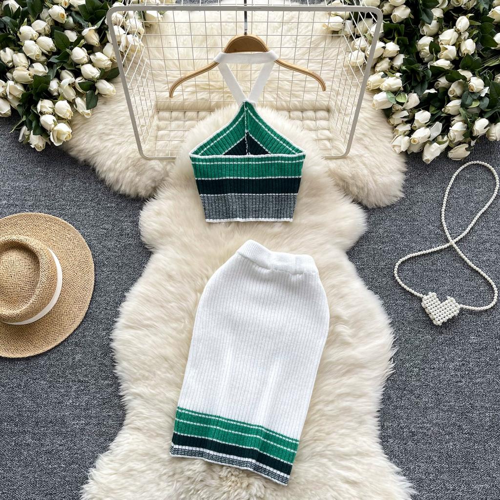 Summer Women Sexy Knitted Striped Sweater Halter Tops Vest and Mini Short Bodycon Sheath Skirt Two Piece Set