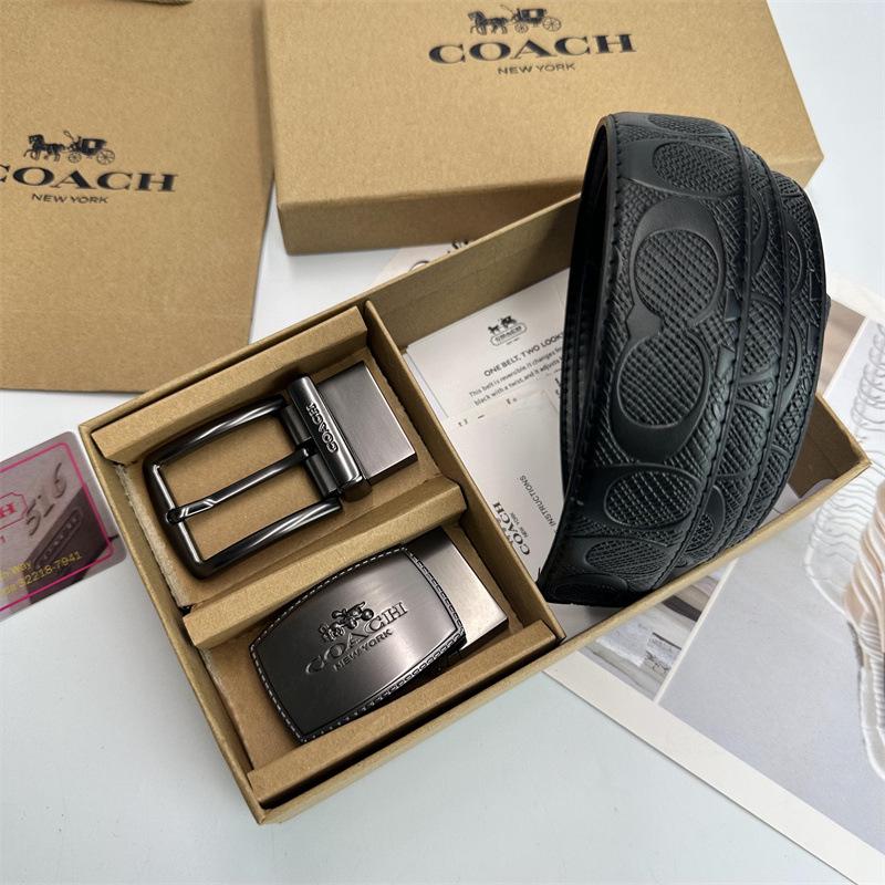 Men's Classic Double Buckle Leather Belt with C Buckle and Fabric Texture - Business Casual Trousers Accessory