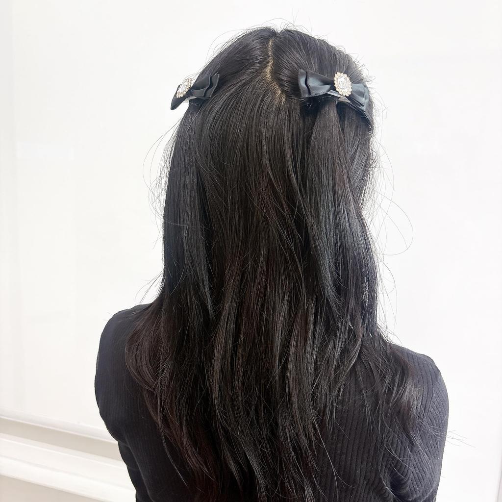 Set of 2 Black Bejeweled Ribbon Clips, Lolita, Gothic Lolita, Hair Clips, Hairpins, Hair Accessories [Used]