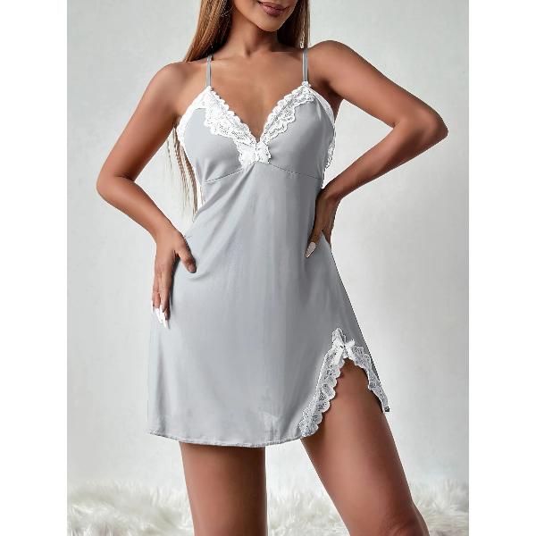 Women's Sexy Lace Nightgown V Neck Cami Sleep Dress Spaghetti Strap Slim Fit Short Slip Dress Side Slit Soft Stretch Nightwear