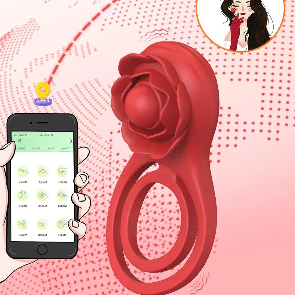 Rose-Toy Bluetooth APP Vibrátor na penisový kroužek pro muže Zámek spermatu Mužské erekční kroužky Zpoždění ejakulace Sexuální hračky pro páry