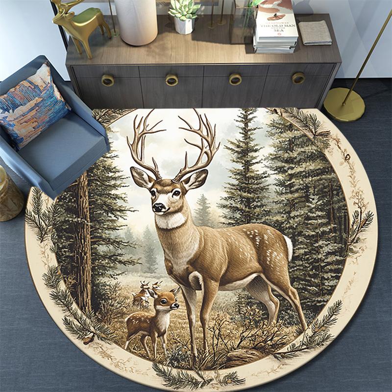 Deer Forest Round Area Rug,Carpet Rug for Living Room Bedroom Sofa Playroom Decor,Non-slip Floor Mat