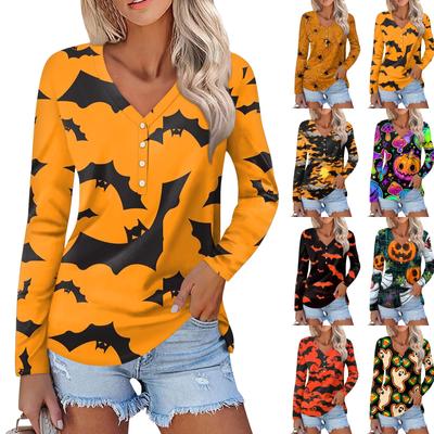 Damen Casual Fashion Sexy Comfort Halloween Bedruckter V-Ausschnitt Knopf Langarm