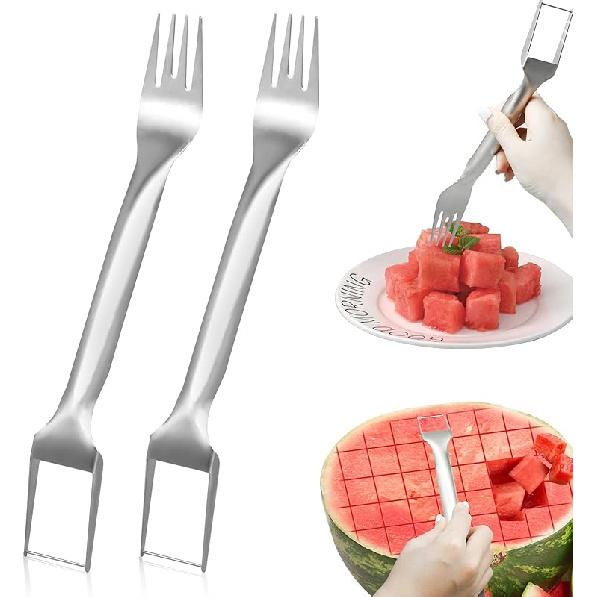 2Pcs Watermelon Fork Slicer Cutter, Stainless Steel 2-in-1 Watermelon Fork Slicer, Portable Watermelon Fork Watermelon Cutter Slicer Tool Fruit Forks 25 x 3.3CM