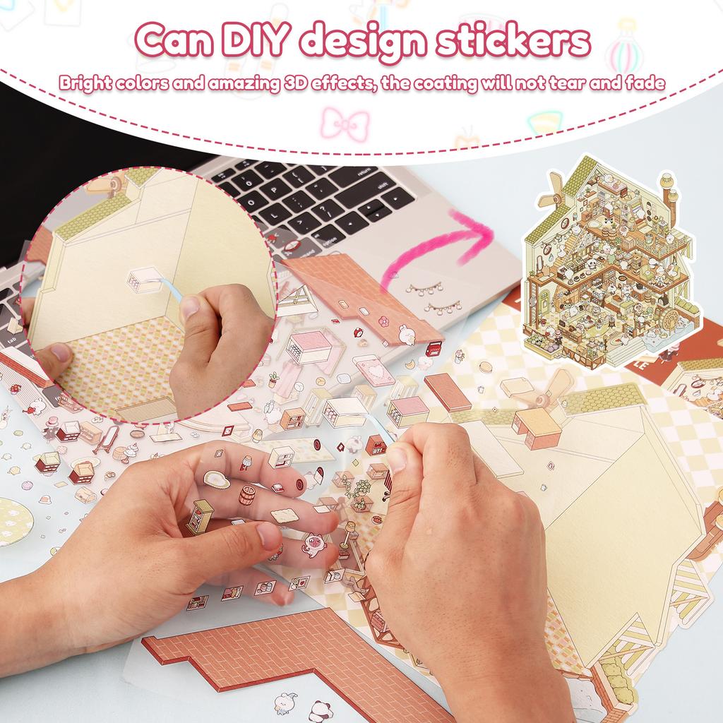 Livro de Adesivos de Cenário de Papel com 4 Peças Alívio do Estresse Cena de Adesivos 3D Estimular a Imaginação Livro de Paisagismo Miniatura 3D para Crianças