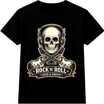 Rock N Roll Skull T Shirt Headphones Guitar Biker Music Graphic Tee
