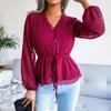 Casual Long Sleeve Chiffon Blouse V Neck Solid Color Summer Spring Waist Button Lantern Sleeve All Match Sizes S XL