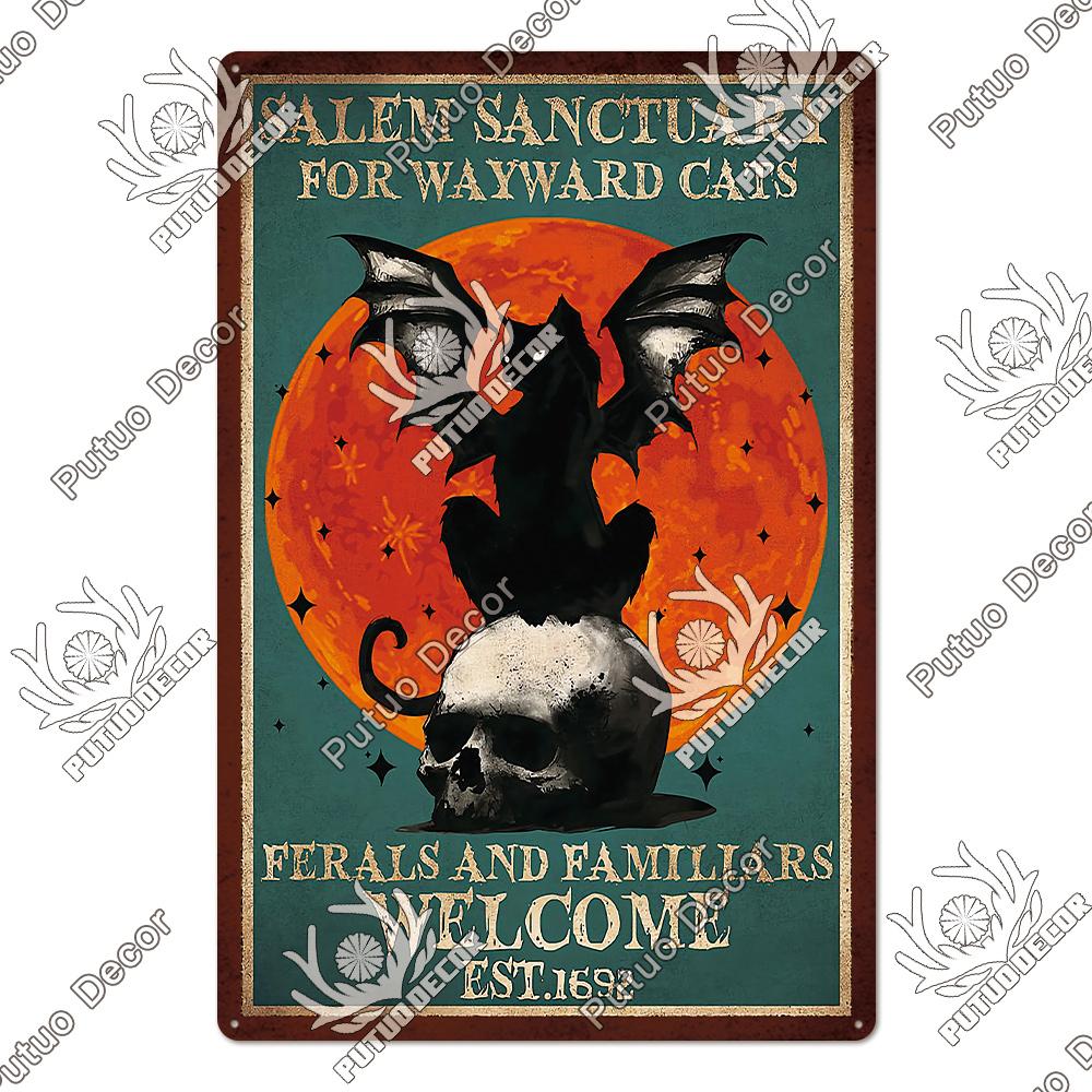 Putuo Decor Black Funny Cat Metal Sign Vintage Plaque Metal Retro Animals Tin Poster for Living Room Home Decoration Wall Decor