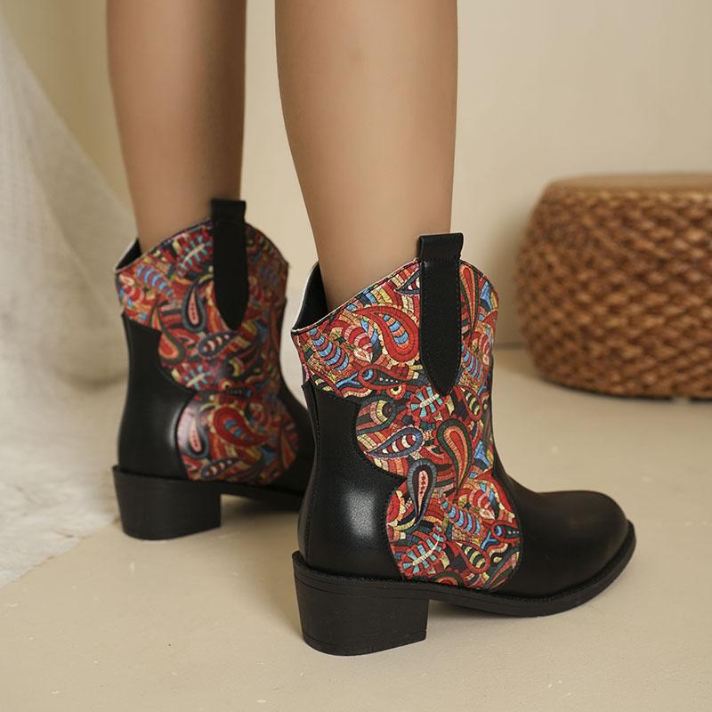 2024 New Autumn Winter Ladies Short Boots Trend Patchwork Snake Print Women's Boots Round Toe Pu Leather Slip On Ankle Boots