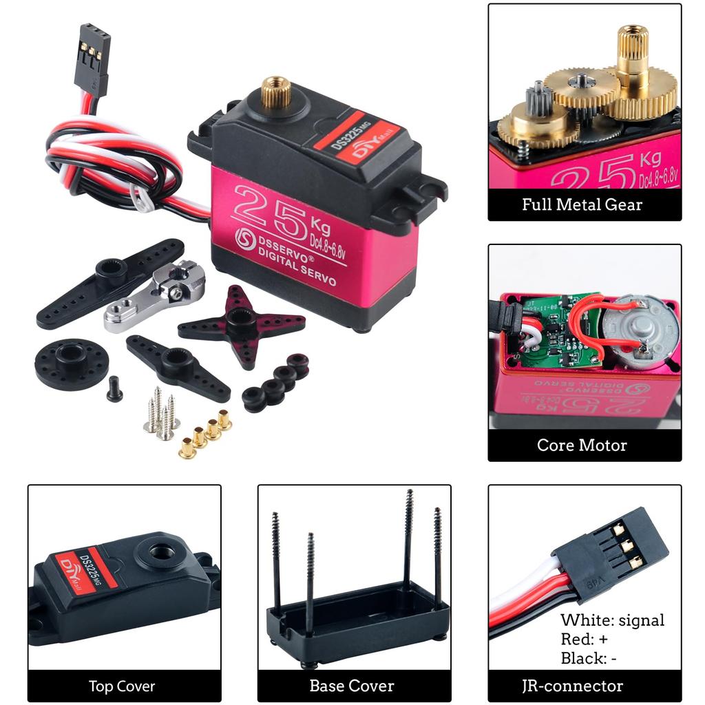 DS3225 25kg RC Servo, 270 Degree High Torque Full Metal Gear 6V Digital Servo Motor with 25T Arm Servo Horn for DIY Baja Car Control (2-Pack)