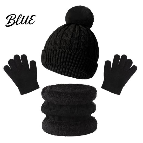 Soft Comfortable Winter Headwear Kids Warm Knit Set Bear Ear Hat Fleece Lined Neck Gaiter & Thermal Accessories Full Finger Gloves Thick