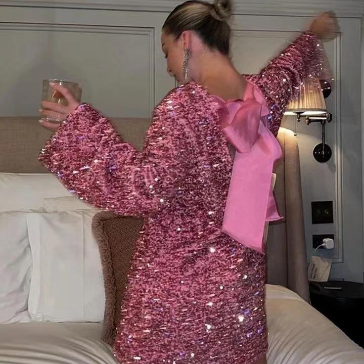 Rochie de damă cu paiete, mărime plus, largă, cu gât rotund și mâneci lungi, Toamnă/Iarnă 2023