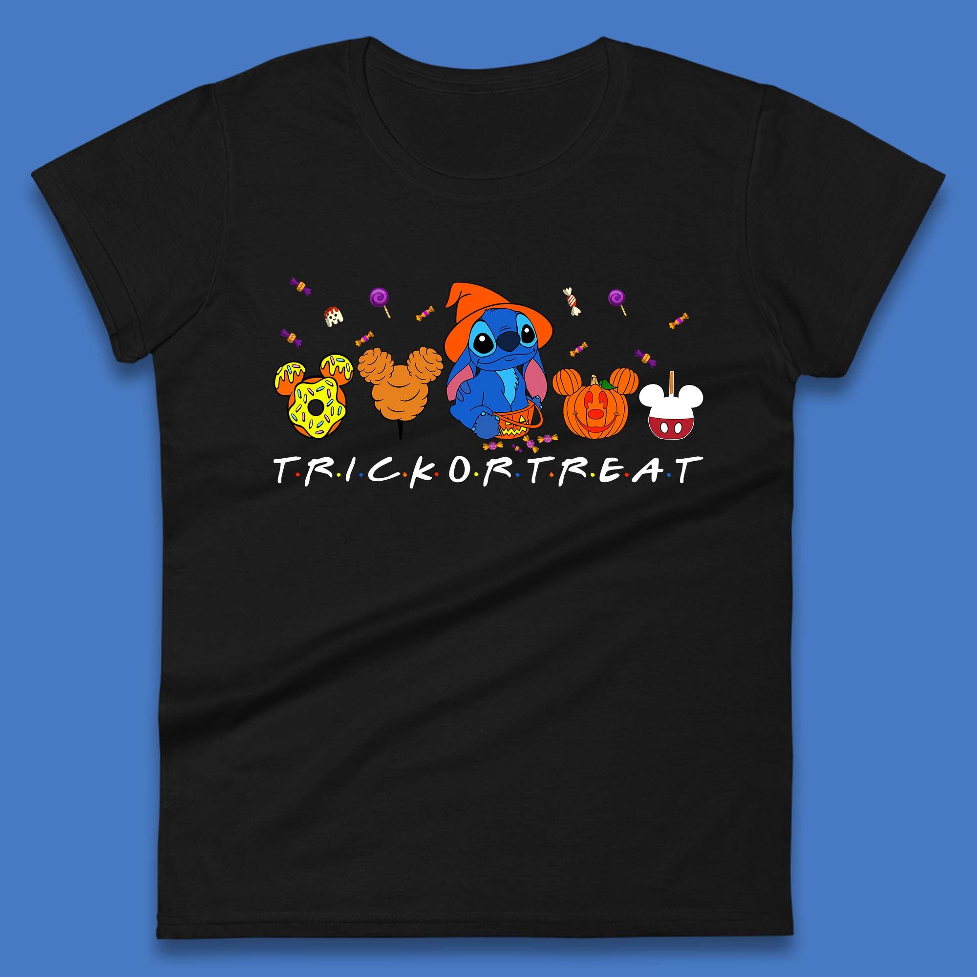 Halloween Disney Stitch Snacks Trick Or Treat Stitch And Mickey Mouse Friends Spoof Disneyland Snacks Womens Tee T Shirt Mens Tops Unisex Top 3XL