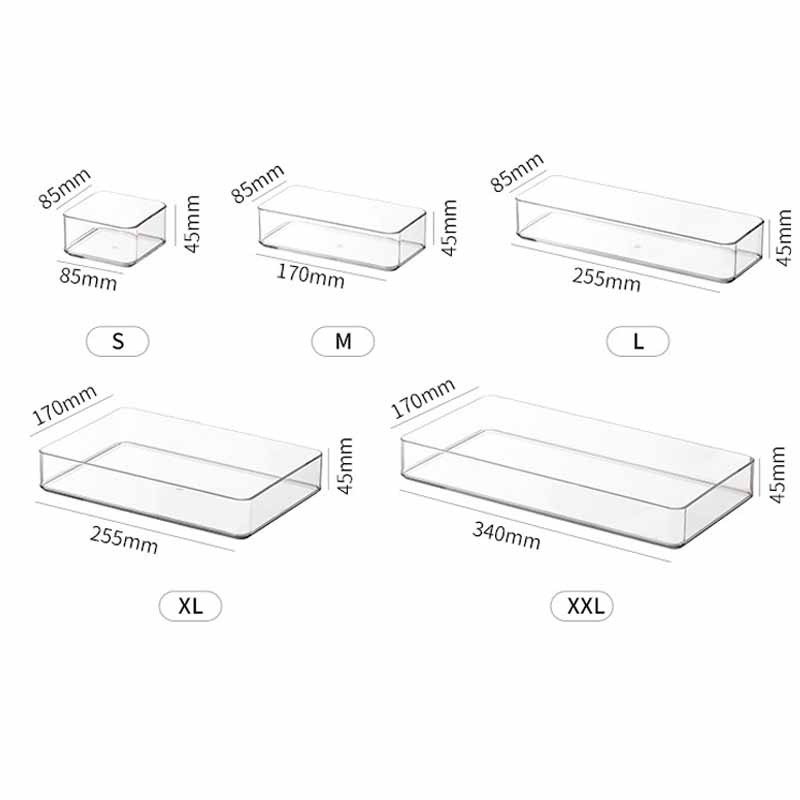 Adjustable Versatile Drawer Organizer Clear Plastic Trays and Dividers In 5 Sizes for Perfect Makeup and Kitchen Storage