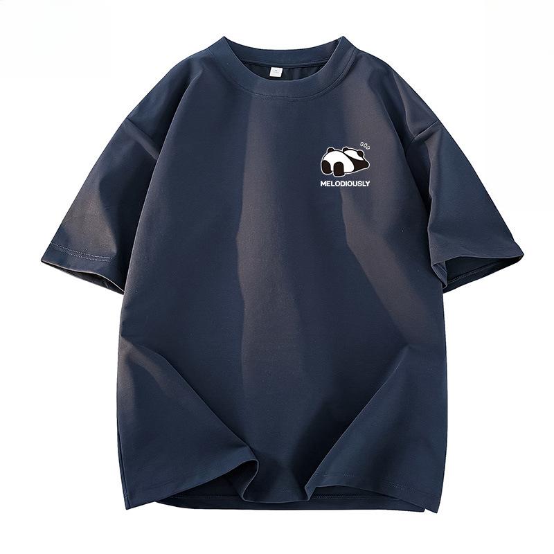 Sommerliches Baumwoll-T-Shirt mit lockerem Schnitt, Panda-Grafikdruck und Fünf-Minuten-Ärmeln