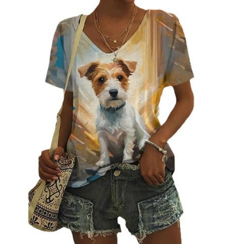 Summer V-neck 3D Animal Flower Printed Top Fashionable Casual Short Sleeved Women's T-shirts