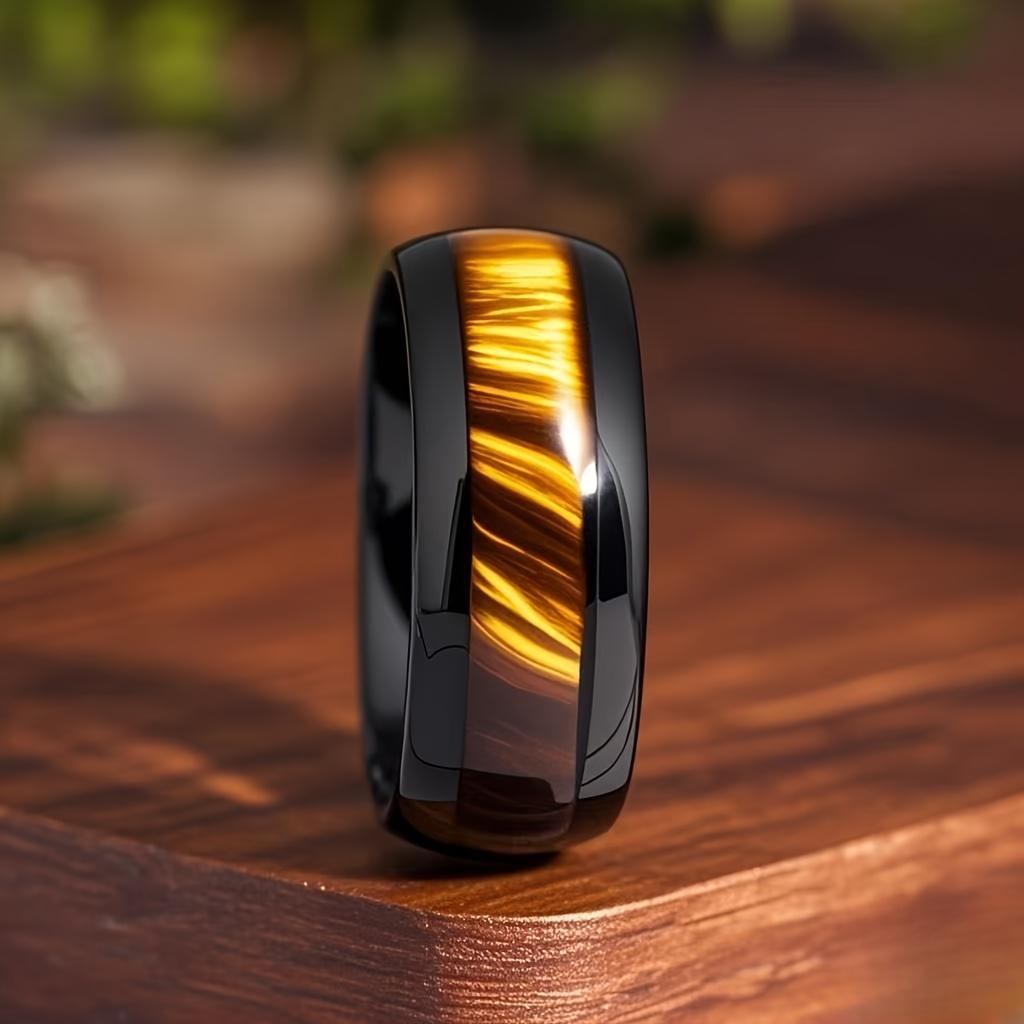 With Brown Tiger'S Eye Wood Inlay Rings Fashion 8mm Black Men Stainless Steel Ring for Men Women Wedding Jewelry Drop Shipping