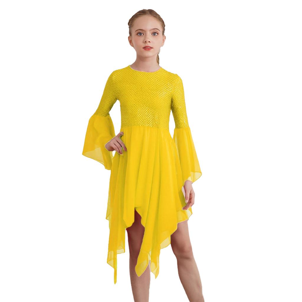 Girls Liturgical Dance Dress Shiny Sequins Patchwork Round Neck Flared Sleeve Asymmetrical Hem Performance Tunic