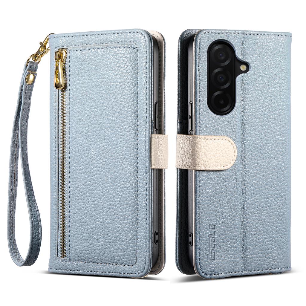 ESEBLE E11 For Samsung Galaxy S25 FE Case Zipper Pocket Litchi Texture Leather Phone Cover with Mirror and Wrist Strap