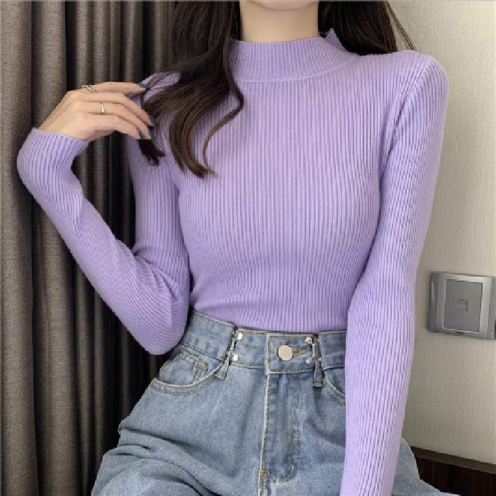 For Autumn and Winter, Wear A Fitted Long-sleeved Semi-high-neck Knitted Sweater As A Student Top