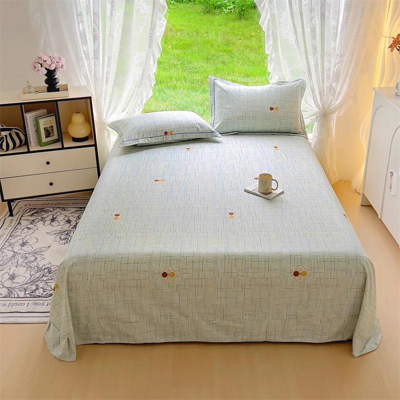 3Pcs Simple Geometric Plaid Bed Sheet Set 100% Cotton Skin-friendly Queen Size Bedding Set Thickened Flat Sheet with Pillowcases