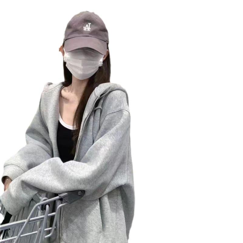 Felpa con cappuccio e zip foderata in pile da donna - Stile coreano pigro, Cardigan spesso per la primavera e l'autunno 2024.