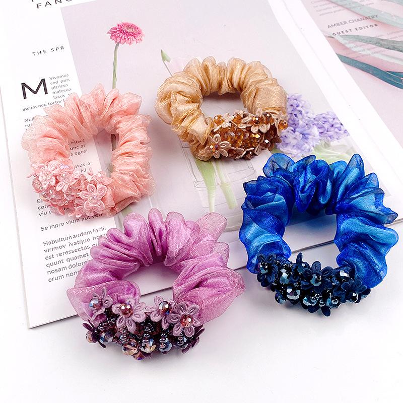 Korean Version of The Organza Hair Band Temperament Headband Female Rubber Band Ponytail Female Hair Accessories Crystal Floral Hair Band
