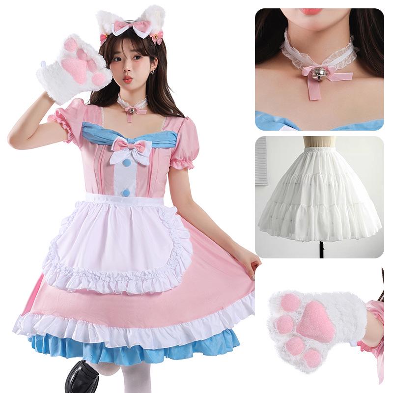 Café Style Cute Lolita Maid Outfit - Pink & Blue Bow Dress for Women