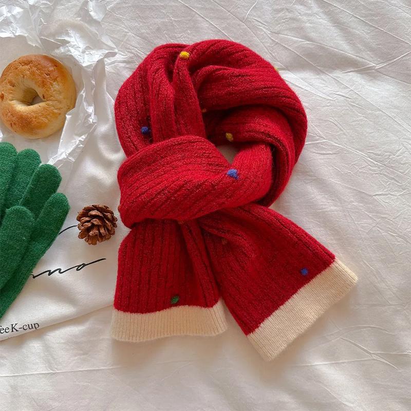 2024 Neuer Student Koreanische Ausgabe Vielseitiger Weißer Dicker Warmer Nackenschutz Regenbogenbonbon Gestrickter Schal