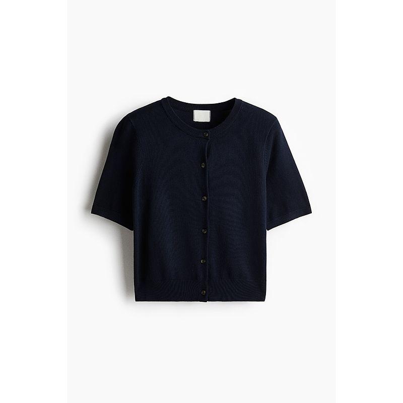 

HM Women s Clothing Wool Knitwear 2025 Autumn New Arrival Short Sleeve Elegant round Neck Fashion Plaid Cardigan 1270743 Navy blue 155/76