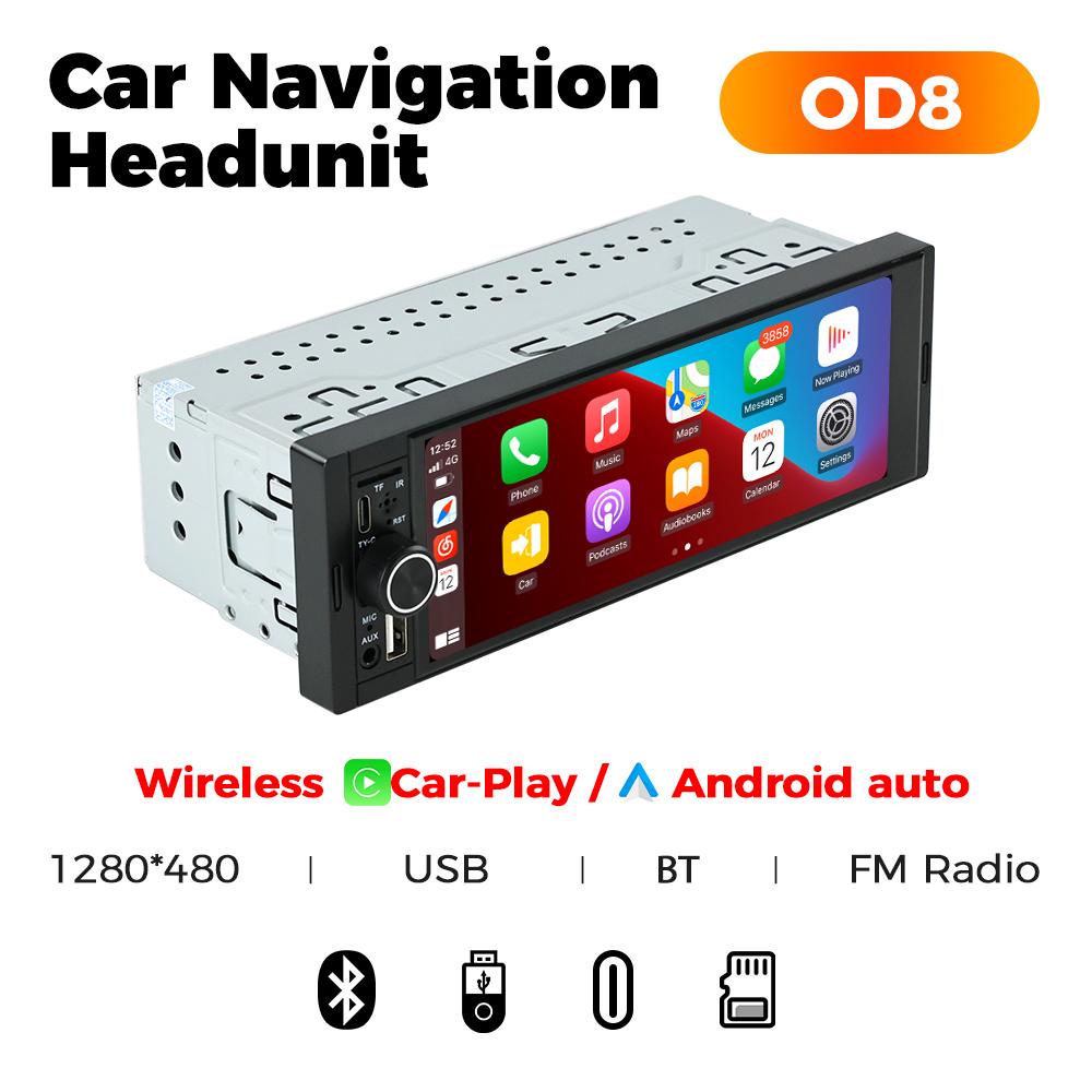 6.86'' Car Radio Wireless CarPlay 1 Din Android Auto MP5 FM Stereo USB Audio 1280*480 HD Screen Head Unit USB Type C Navigation