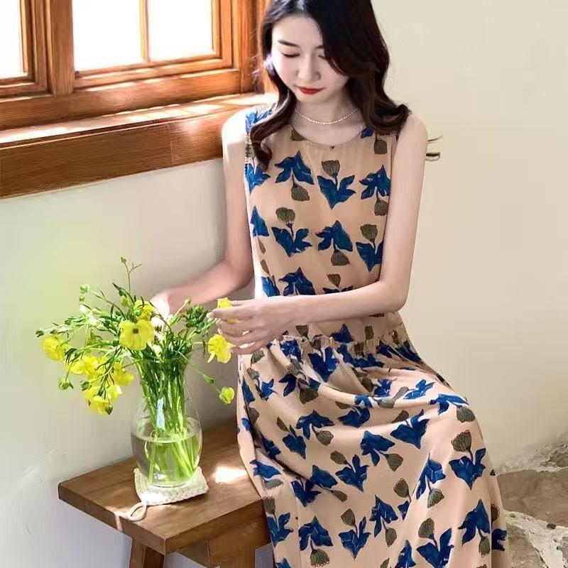 Yan Guiliang summer new sleeveless cotton and silk dress commuter floral dress loose and thin holiday beach dress women