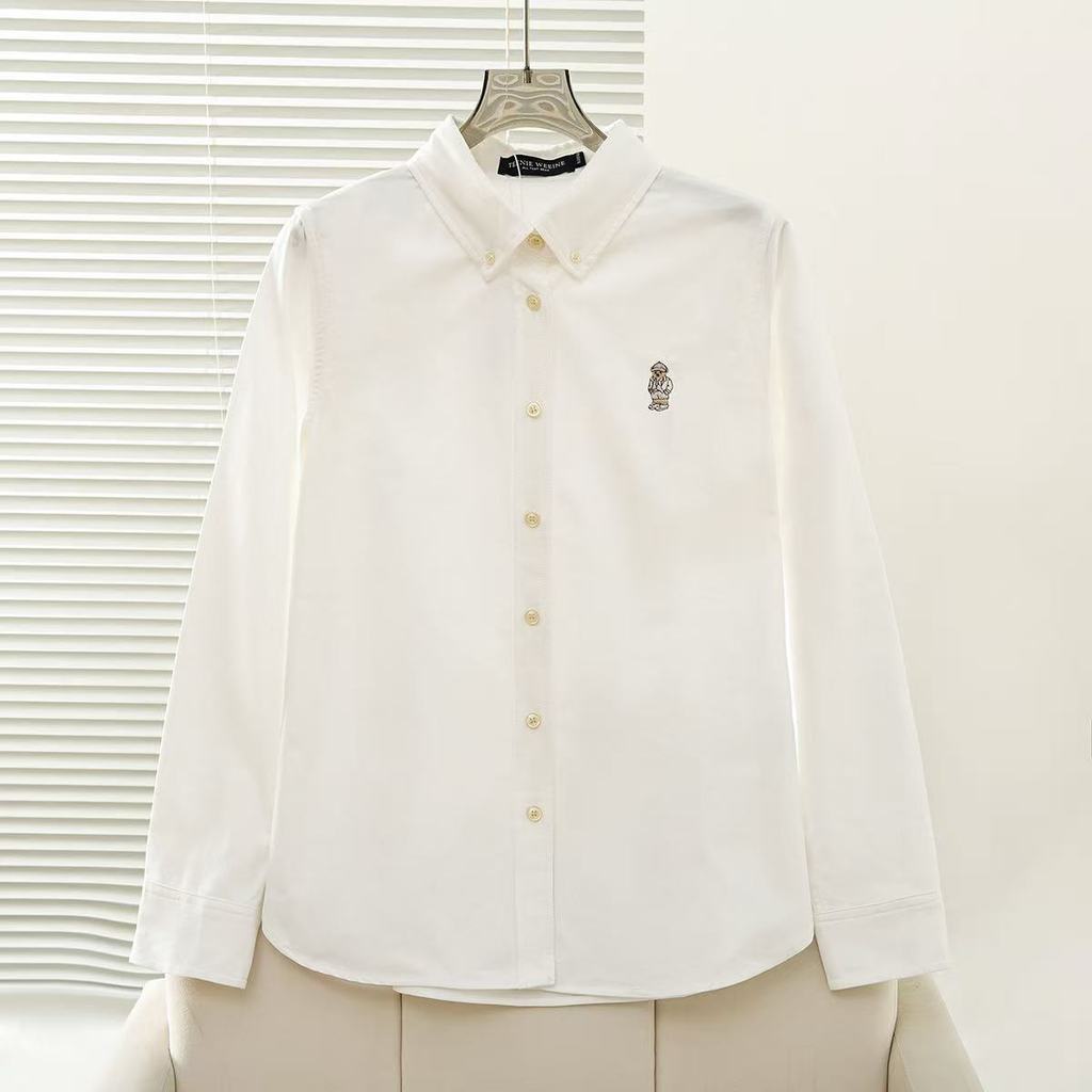 College Style Cotton Long Sleeve Shirt With Embroidery For Spring Casual Women