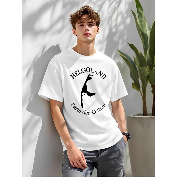 Men s Heavyweight 180gsm Helgoland & Sylt Baltic Sea T-Shirt - German Coastal Lighthouse & Beach Print, Relaxed Fit Round Neck Short Sleeve Tee for S белый