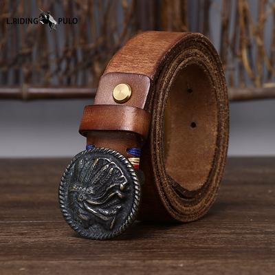 Ceinture à boucle givrée vieillie rétro pour hommes en cuir véritable à boucle lisse, ceinture tendance en cuir véritable de vachette