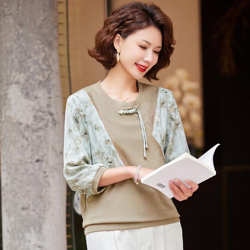 Pa Si Te Women's Chinese Style Patchwork Floral Seven-Sleeve T-Shirt